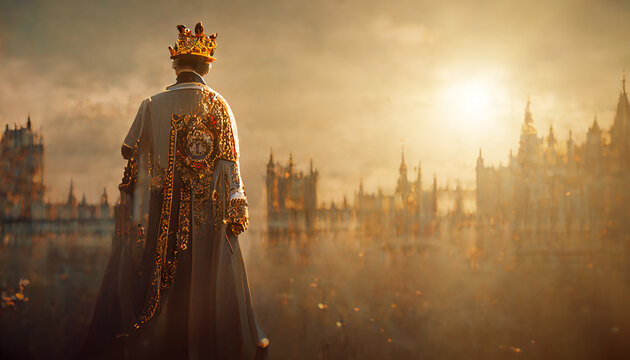 The new King of the United Kingdom hailed by the crowd of England, in the crowning ceremony. 3D illustration, digital art watercolor painting.