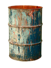 Rusty metal barrel with spots of old paint cut out