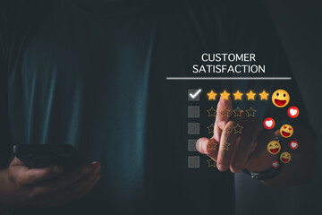 Customer satisfaction survey. Customer Satisfaction Rating, Smiley Emoji, Happy Customer, Good Service, Positive Rating, Happy Service, Five Star Service. Virtual touch screen, futuristic technology.