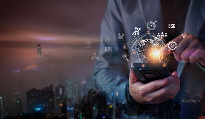 Digital business planning online network. Businessmen use smartphone digital online analytics technology, start up planning, long term investment planning, financial stability, stock market analysis.