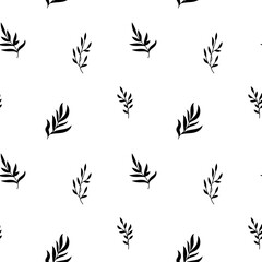 Fototapeta na wymiar Hand drawn small leaves seamless pattern. Tiny vector branches, twigs with leaves. Black ink texture with foliage