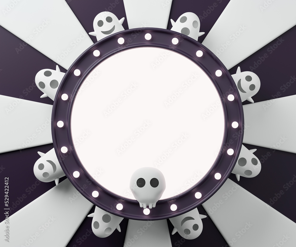 Poster 3d rendering halloween day circle banner. empty circle frame with ghost and skull on black and white