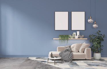 mock up poster frame in modern interior background, living room, Contemprorary style, 3D render, illustration