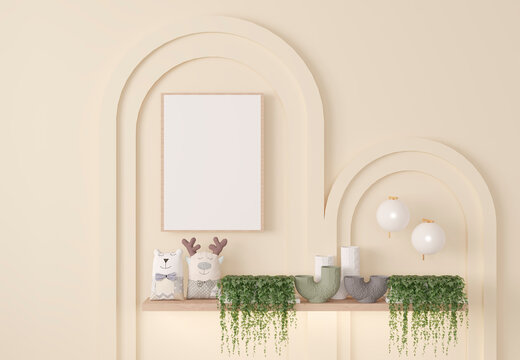 Minimal children room design, sofa with toys and plants in bright sand color interior background, 3d render