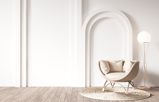 Living room design, bright wall mockup, panorama, 3d render
