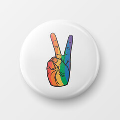 Peace Gesture with LGBT Flag. Button Pin Badge for Pride Month Celebrate Concept. Lgbt Rainbow Colored Hand. Transgender, Gays, Lesbians, Fight for Human Rights Sign