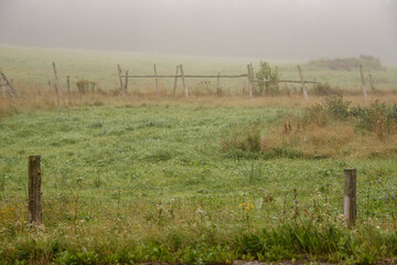 Morning mist over a field at harvest time in the Canadian countryside in Quebec