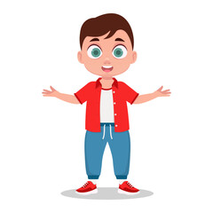 Child, hands to the sides. Surprised boy. Vector illustration