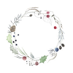 Christmas wreath of abstract branches with pine cone, colored berries and leaves, watercolor winter isolated frame for invitation or greeting cards, design decoration print for your text.