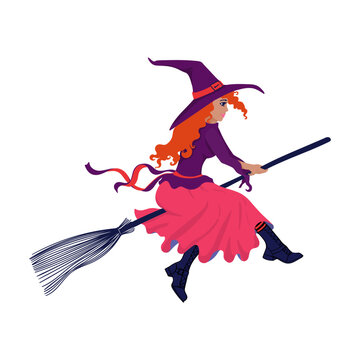 Witch on a broom cartoon isolated illustration. The red-haired witch flies on a broomstick, young and beautiful. For Halloween