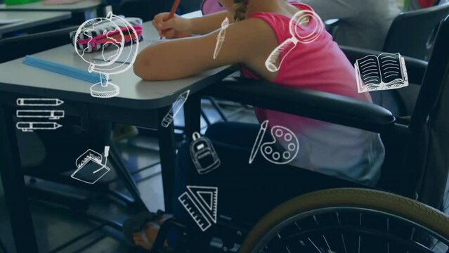 Animation of school items icons over disabled caucasian schoolgirl sitting in wheelchair