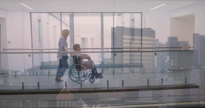 Animation of city over biracial nurse with patient in wheelchair