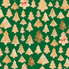 Seamless abstract pattern of golden Christmas trees on a green background.