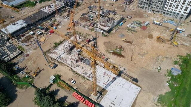 Drone aerial view construction of residential premises. Modern building Residential complex Nice town. Kyiv capital of Ukraine