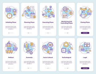 PESTLE in project management onboarding mobile app screen set. Walkthrough 5 steps editable graphic instructions with linear concepts. UI, UX, GUI template. Myriad Pro-Bold, Regular fonts used