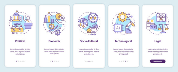 PESTLE onboarding mobile app screen. Business analysis walkthrough 5 steps editable graphic instructions with linear concepts. UI, UX, GUI template. Myriad Pro-Bold, Regular fonts used