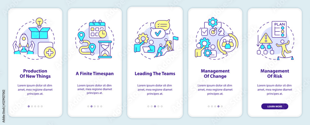 Poster project management onboarding mobile app screen. organization walkthrough 5 steps editable graphic i