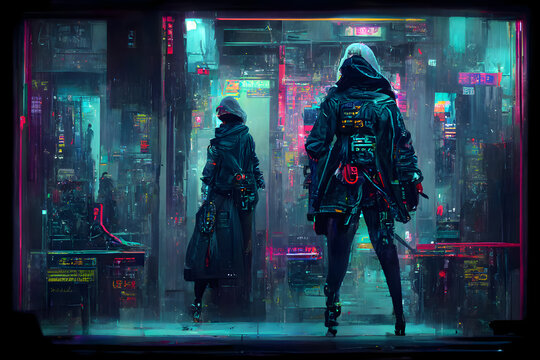 cyberpunk assasin figure in night cyberpunk style neon illuminated city environment, neural network generated art. Digitally generated image. Not based on any actual scene or pattern.