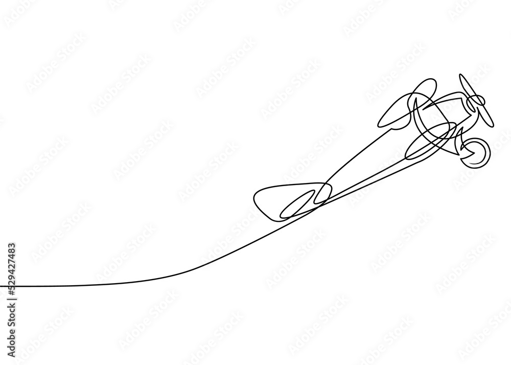 Poster continuous line drawing of jet plane . flight biplane tandem wing. the symbol of take-off in the sky