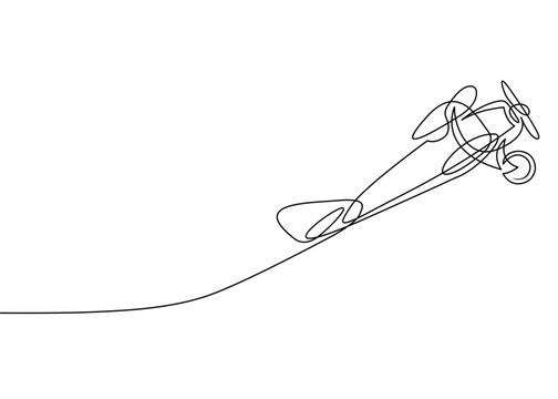 recommend clip art: Continuous line drawing of jet plane . Flight biplane Tandem wing. The symbol of take-off in the sky.One continuous line.One continuous line is drawn on a white background.