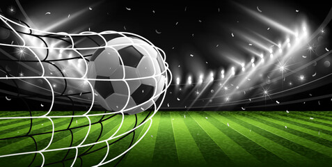 Realistic soccer ball hitting the net. Vector illustration © Maksim Pasko
