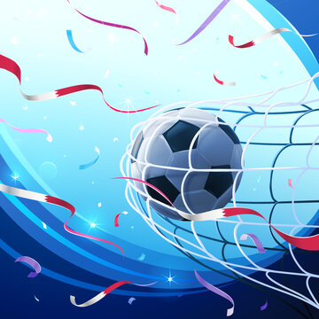 Hitting a soccer ball in a net on a blue background with confetti. Vector illustration