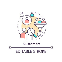 Customers concept icon. Product management providing. Business model canvas abstract idea thin line illustration. Isolated outline drawing. Editable stroke. Arial, Myriad Pro-Bold fonts used