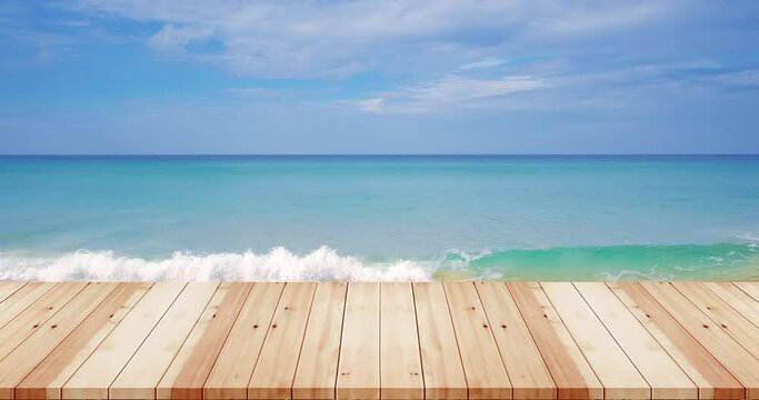 Closeup wooden table on out beach sea background Landscape tropical summer sea horizon blue sky background 