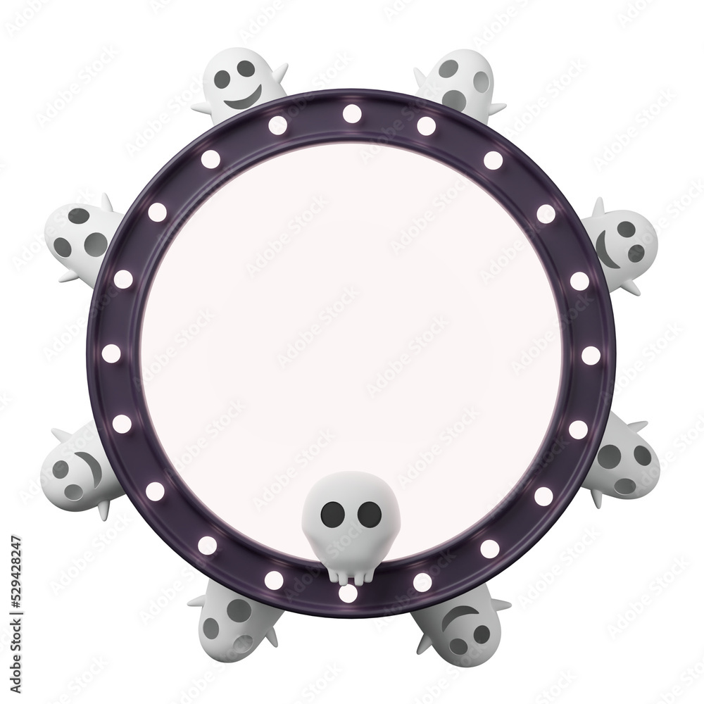 Poster 3d rendering halloween day circle banner. empty circle frame with ghost and skull.
