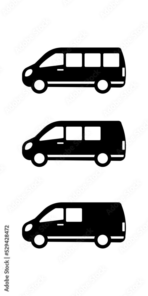 Poster set of minibuses icon. small van. black silhouette. side view. vector simple flat graphic illustrati