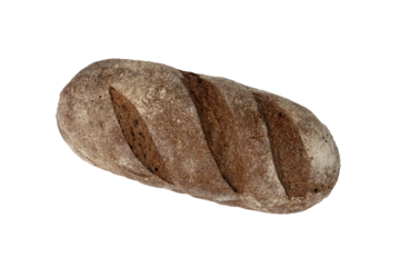 homemade freshly baked traditional rye bread isolated on white background, top view, whole loaf of rustic organic cereal bread with crispy crust