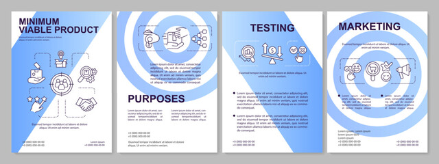 Minimum viable product factor blue brochure template. Business. Leaflet design with linear icons. 4 vector layouts for presentation, annual reports. Arial, Myriad Pro-Regular fonts used - obrazy, fototapety, plakaty