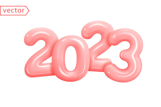 2023 Happy New Year. Holiday Season Celebration Party 2023. Christmas decoration. Pink Number 2023 in shiny rubber or plastic cartoon style isolated on white. Realistic 3d design element. 3D Vector