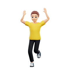 Raster illustration of man runs with his hands up. A young guy in a yellow tshirt is jumping for joy, happiness, race, run competition, winner, speed. 3d render artwork for business and advertising