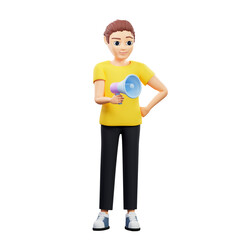 Raster illustration of man holding a loudspeakerYoung guy in a yellow tshirt speaks through a microphone, direct speech, share, tell friends, repost button.3d rendering artwork for business