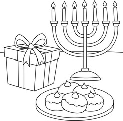 Hanukkah Sufganiyah Gift Menorah Coloring Page 