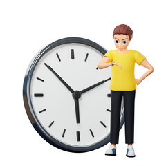 Raster illustration of man with clock. Young guy in a yellow tshirt looks at wrist watch, time, wall clock, time management, hour, minute, second. Punctuality concept. 3d render artwork for business