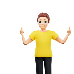 Raster illustration of man with two fingers up. A young guy in a yellow tshirt shows a greeting sign two hands, good afternoon, cool sign, teenager, gesture language. 3d render artwork for business