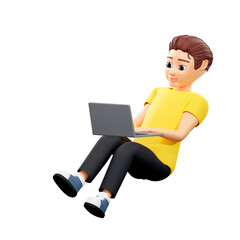 Raster illustration of man sitting on the floor and clicks on computer. Young guy in a yellow tshirt sits on laptop, nigth work, relaxes, social networks, surf the Internet. 3d rendering artwork
