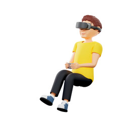 Raster illustration of man wearing black virtual reality glasses. Young guy in a yellow tshirt augmented reality, metaverse, vr helmet, holographic projection. 3d rendering artwork for business