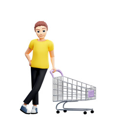 Raster illustration of man with shopping card. Young guy in a yellow tshirt buying up in the store, ordering parcels, discount, sale, online store. 3d rendering artwork for business and advertising