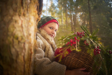 Nice cute teenager girl in old peasant clothes with hot fur coat and shawl in cold winter forest...