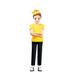 Raster illustration of man in royal crown. Young guy in a yellow tshirt Power, kingdom, gift, gold, relic, symbol of power, palace, castle, royal blood, heir to the throne. 3d rendering artwork