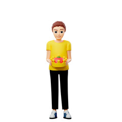 Raster illustration of man holding royal crown in the hand. Young guy in a yellow tshirt Power, kingdom, gift, gold, symbol of power, palace, castle, royal blood, heir to the throne. 3d artwork