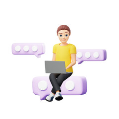 Raster illustration of man with a speech bubble and a laptop. A young guy in a yellow tshirt thought, message, idea, direct speech, cloud, plan, notification. 3d rendering artwork for business
