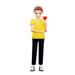 Raster illustration of man holding a heart. Young guy in a yellow tshirt make korean heart, love, relationship, couple, sympathy, valentine day. 3d rendering artwork for business and advertising