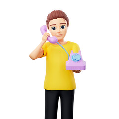 Raster illustration of man talking on the phone. Young guy in a yellow tshirt holds a wired telephone in his hands and speaks into the receiver. 3d rendering artwork for business and advertising