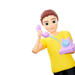 Raster illustration of man talking on the phone. Young guy in a yellow tshirt peeking around the corner, holds a wired telephone in his hands and speaks into the receiver. 3d rendering artwork