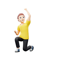 Raster illustration of man rejoices. Young guy in a yellow tshirt kneels with a raised fist up, rejoices in victory, achievement, first place. 3d rendering artwork for business and advertising