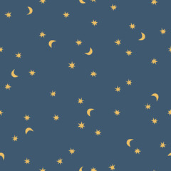 Fototapeta premium Modern Seamless Repeat Vector Pattern Sun Moon Stars Starry Night Sku